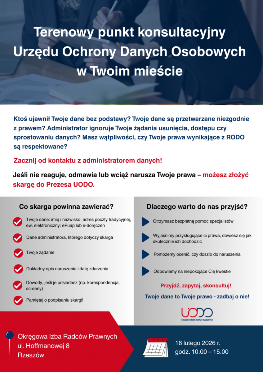 aktualność: Kolejna odsłona punktu konsultacyjnego UODO w Rzeszowie - już 16 lutego